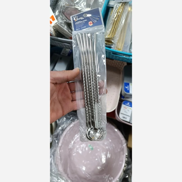 قاشق شربت نی دار مدل مارپیچ طرح گل قاشق نی دار نقره ای