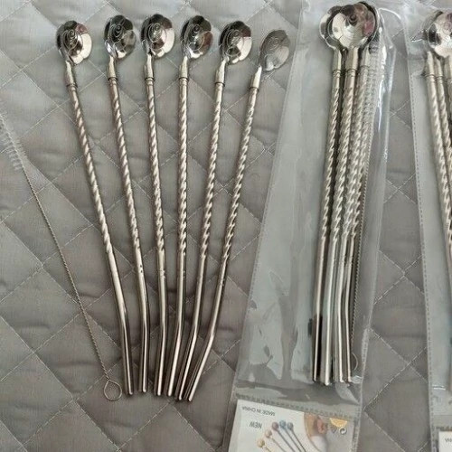 قاشق شربت نی دار مدل مارپیچ طرح گل قاشق نی دار نقره ای