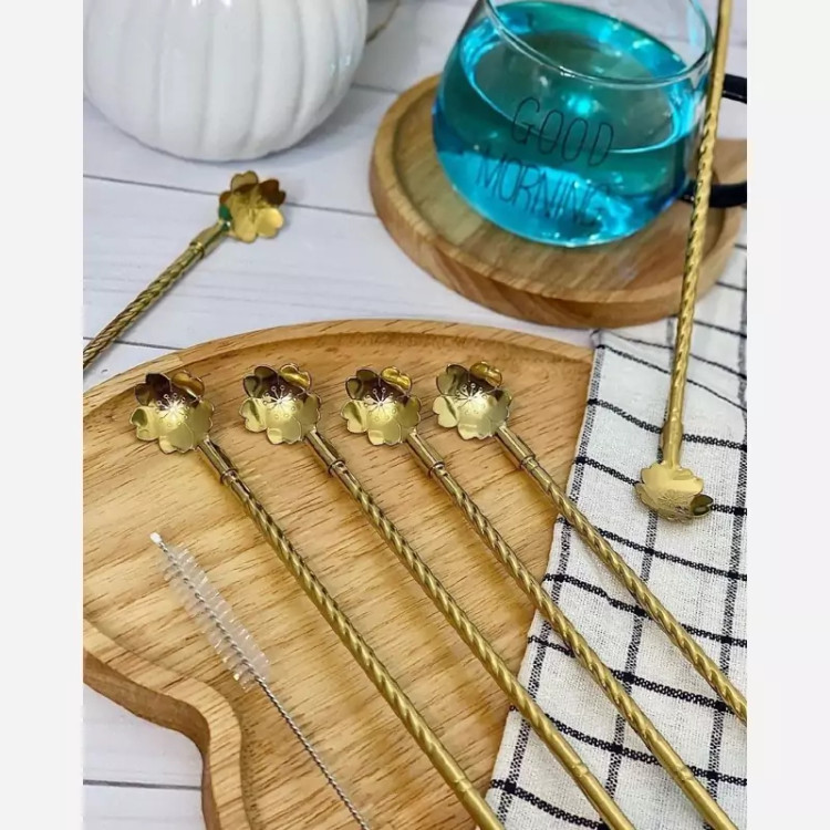 قاشق شربت نی دار مارپیچ رنگ طلایی بسته 6 عددی
