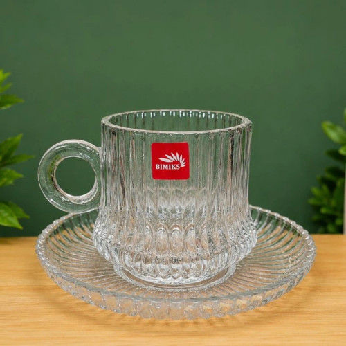 سرویس 6 عددی نیم لیوان و نعلبکی شیشه ای شیار دار بیمیکس مناسب چای قهوه و دمنوش