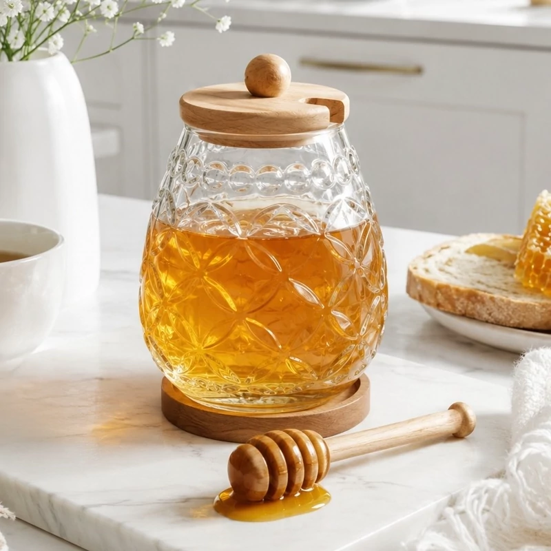 ظرف عسل خوری درب چوبی همراه با قاشق و زیره چوبی