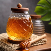 ظرف عسل خوری درب چوبی همراه با قاشق و زیره چوبی