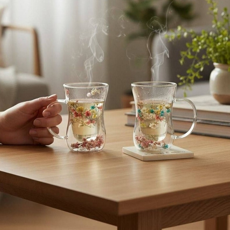 فنجان دوجداره گلدار کمر باریک پیرکس