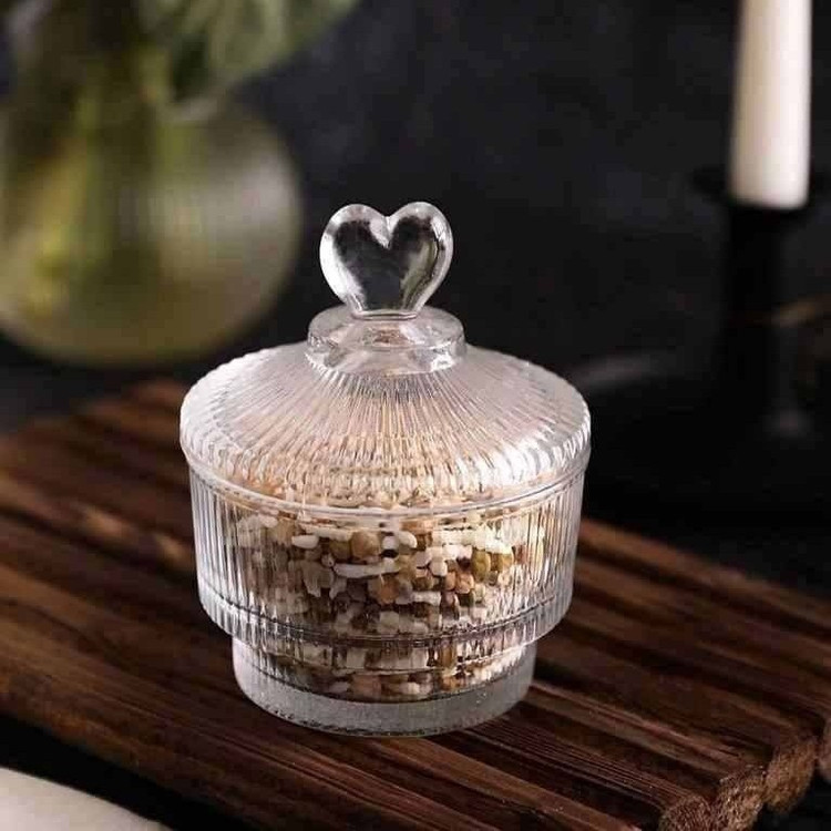 قندان شیشه ای درب قلبی راه راه شفاف تیام